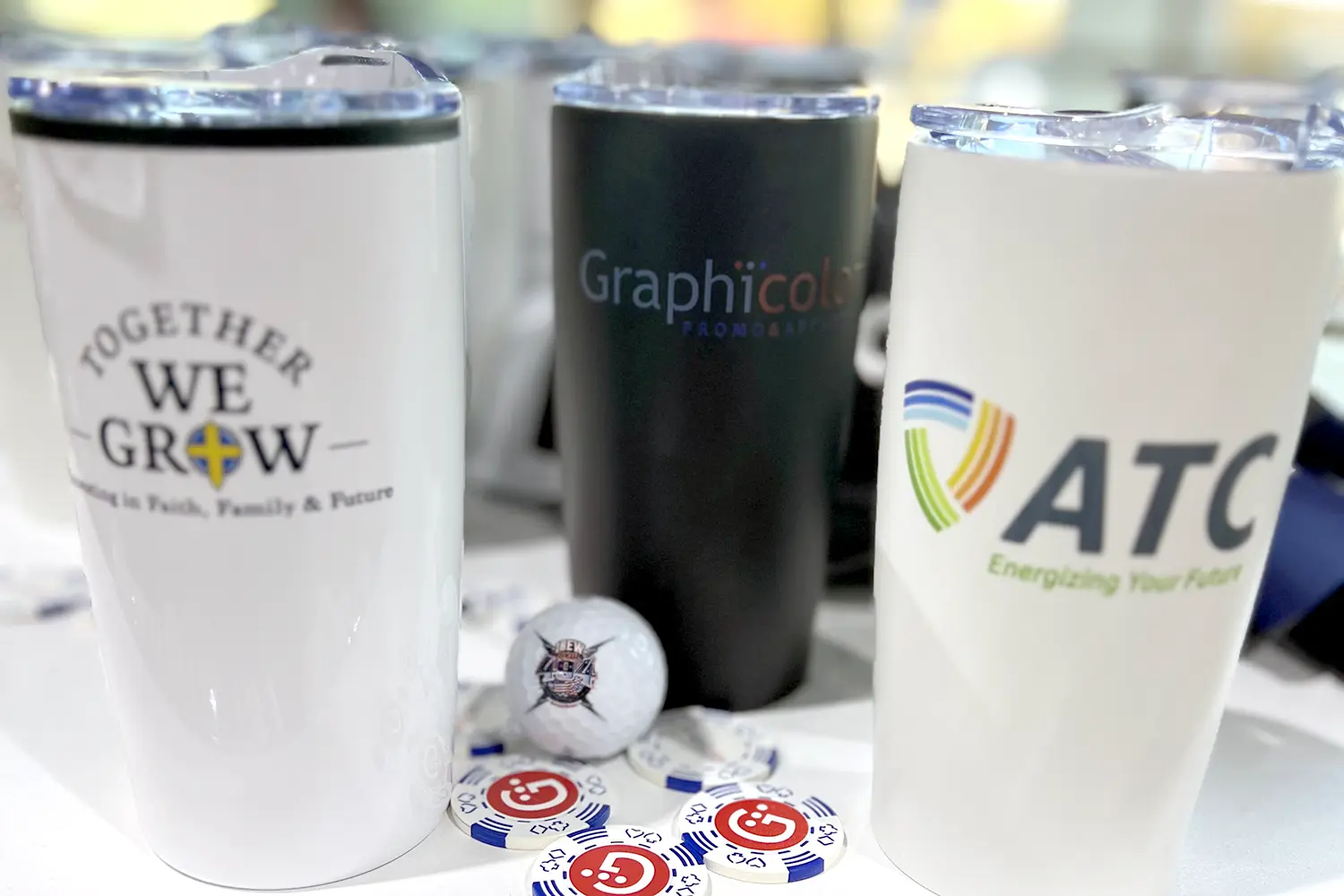 Branded mugs, coolers, gambling chips